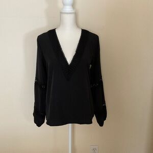 Viracy Womens Black V Neck Lantern Long Sleeve Blouse Hollow Out Casual Top